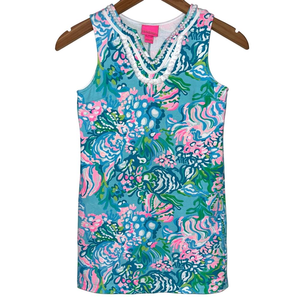 Lilly Pulitzer Girls Mini Harper Preppy Shift Dress Aqua La Vista Coastal L 8-10
